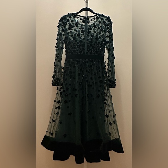 NWOT MAC DUGGAL Green Embellished Illusion High Neck Long Sleeve Fit & Flare 2 - Picture 7 of 10
